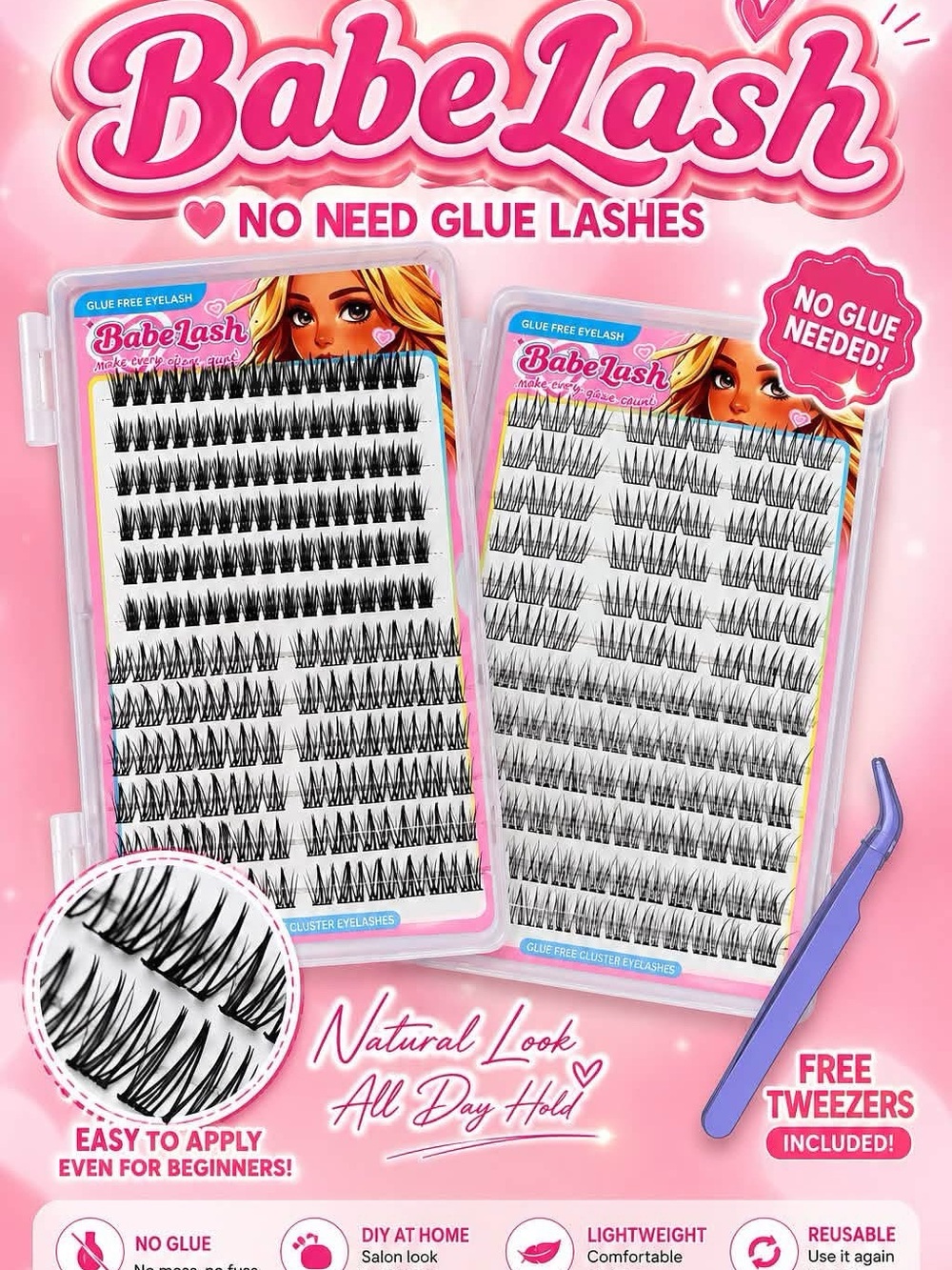 No-Glue Black Cluster Eyelashes with Free Tweezers